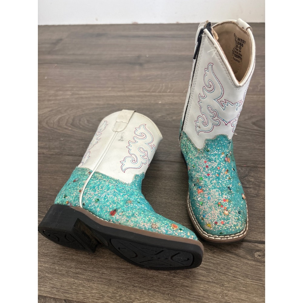Old West Toddler Girls Teal Glitter White Western Boots VB1086 Size 7D